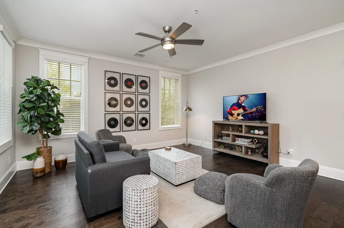 A comfortable living area featuring a plush sofa set, a television, a record display on the wall, a coffee table, and a leafy potted plant. The space is stylish but relaxed, with thoughtful decor and a cozy, inviting atmosphere.