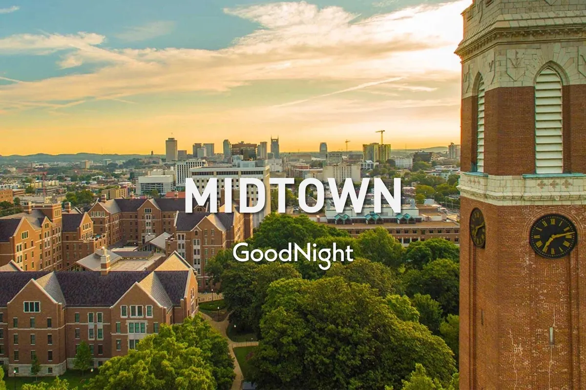 A panoramic cityscape with Nashville’s skyline, historic architecture, and green foliage in the foreground. The tranquil, sunlit scene evokes the inviting charm of Midtown’s outdoor spaces and local attractions.