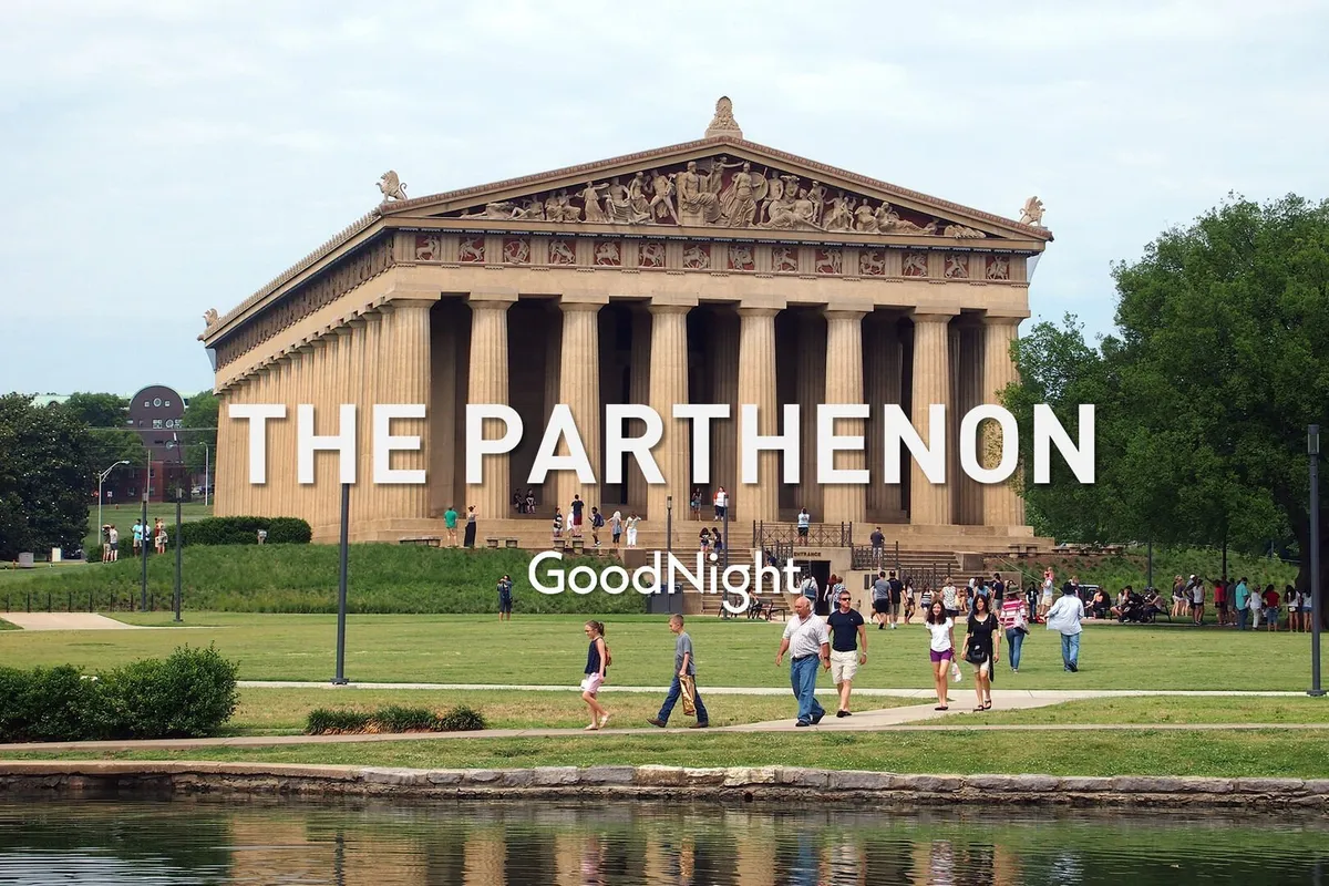 This image showcases Nashville's iconic Parthenon in Centennial Park, with visitors strolling across green lawns, lush trees in the background, and a reflective water surface in the foreground. The lively scene includes people enjoying picnics and sightseeing, perfectly capturing the city's blend of history, recreation, and community.